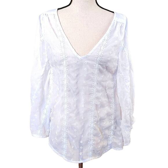 Nicole Miller Size Small S White Flowy Blouse Sheer V Neck Top Summer Boho Indie - Picture 1 of 13